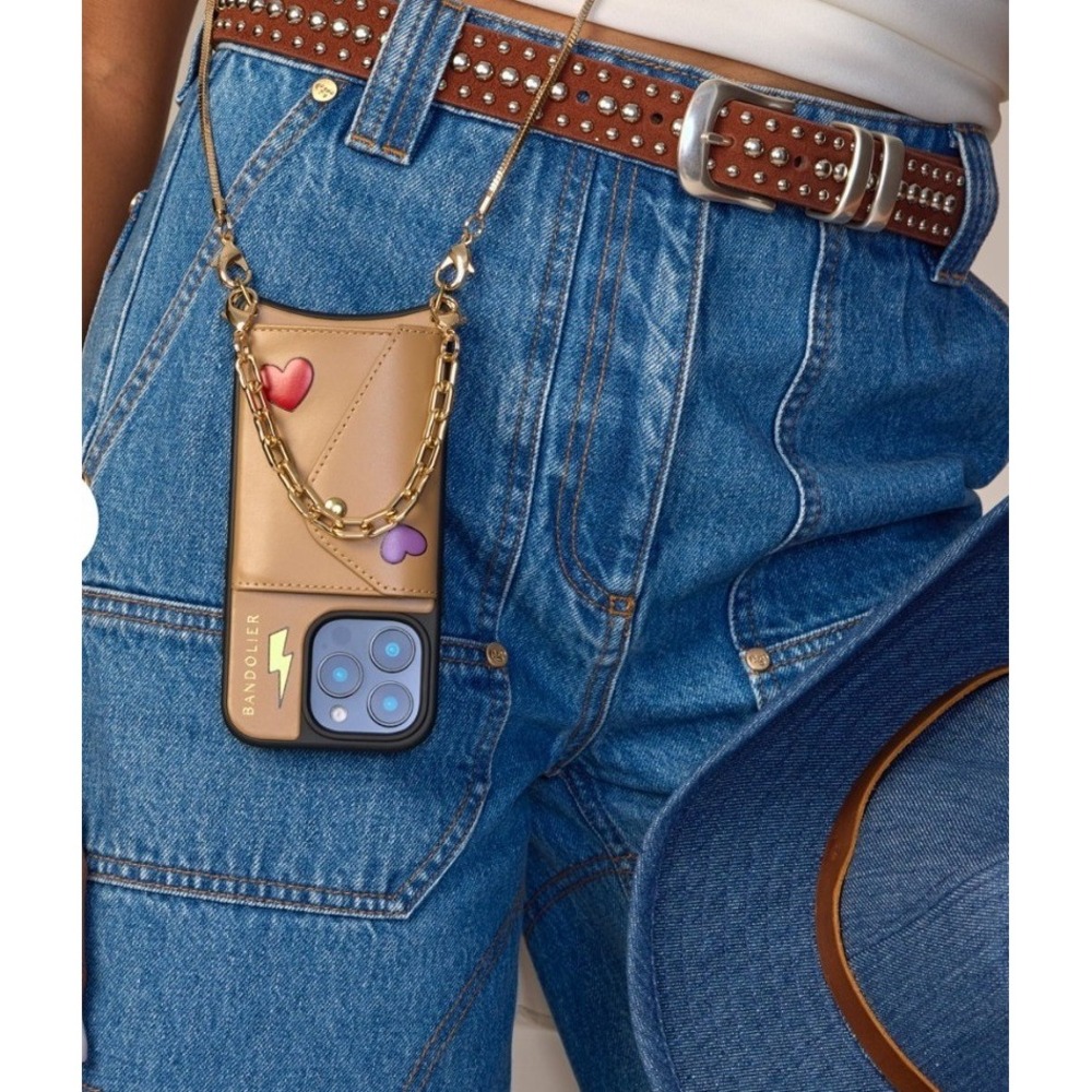 Bandolier Crossbody Phone Case Women iPhone 14 Pro Max Tan Excellent Heart Patch